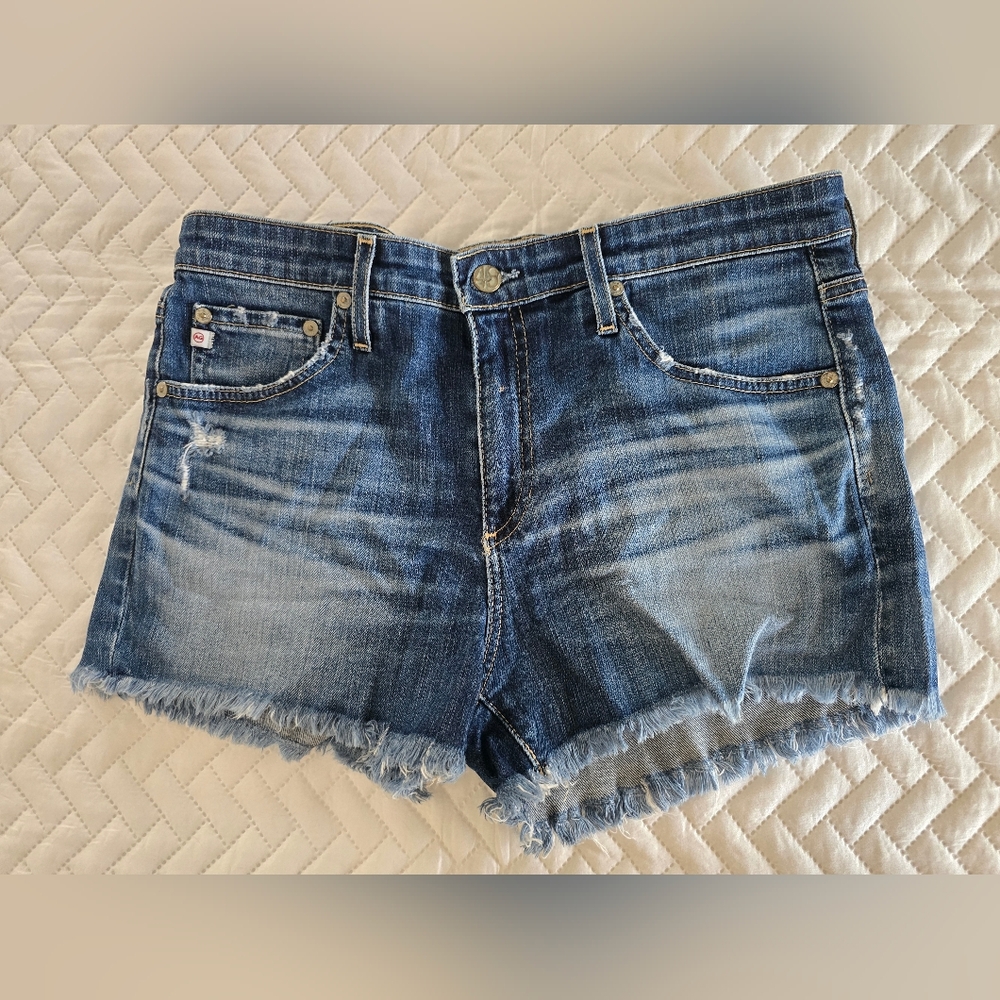 Ag Adriano Goldschmied Distressed Medium Blue Denim Cutoff Shorts